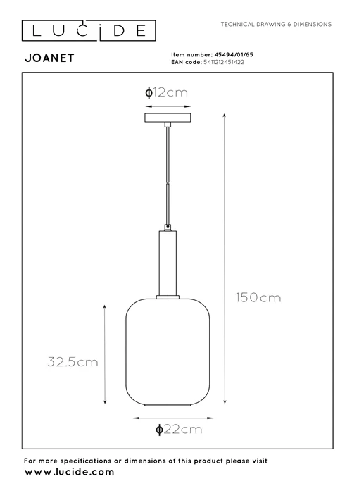 Lucide JOANET - Pendelleuchten - Ø 22 cm - 1xE27 - Rauchfarbe Grau - technisch